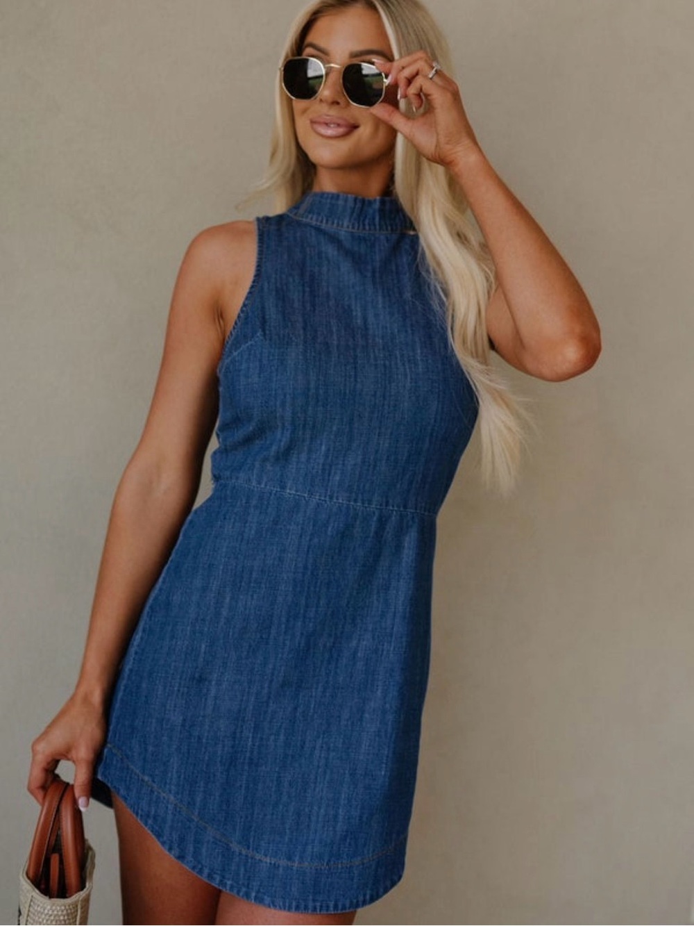 High-Neck Sleeveless Denim Mini Dress - Blue